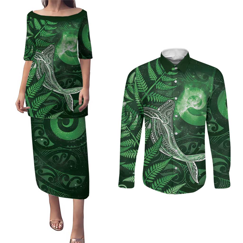 New Zealand Matariki Couples Matching Puletasi and Long Sleeve Button Shirt Maori Koru With Humpback Whale Green