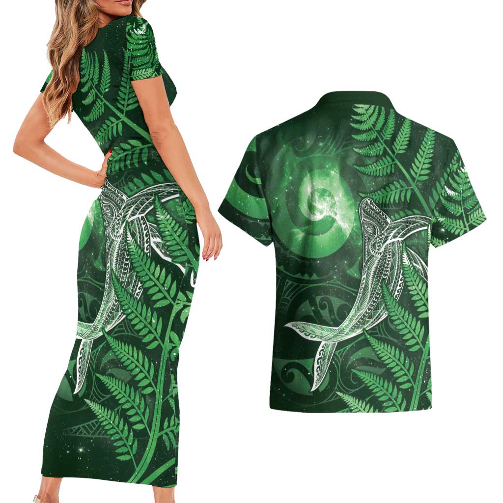 New Zealand Matariki Couples Matching Short Sleeve Bodycon Dress and Hawaiian Shirt Maori Koru With Humpback Whale Green