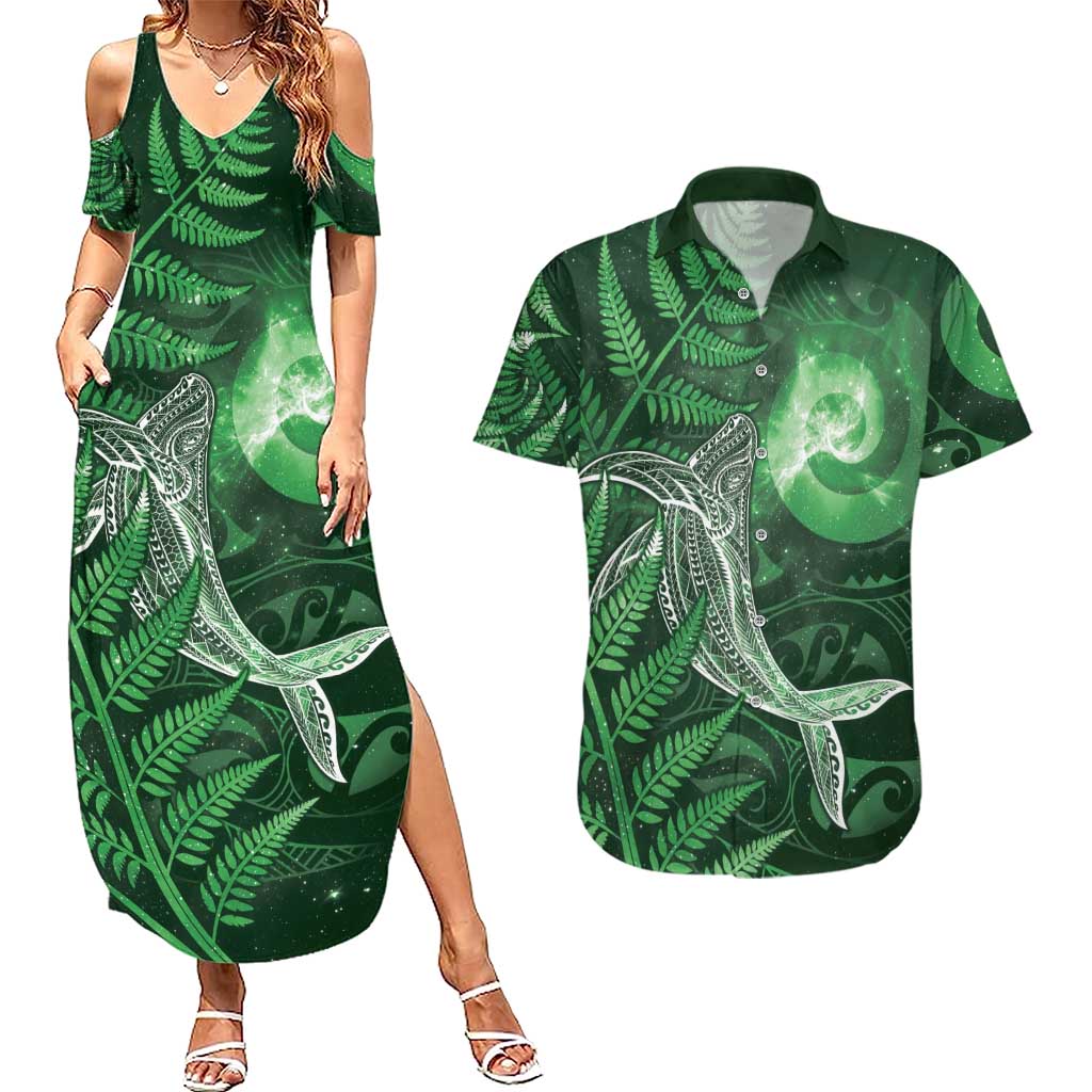 New Zealand Matariki Couples Matching Summer Maxi Dress and Hawaiian Shirt Maori Koru With Humpback Whale Green