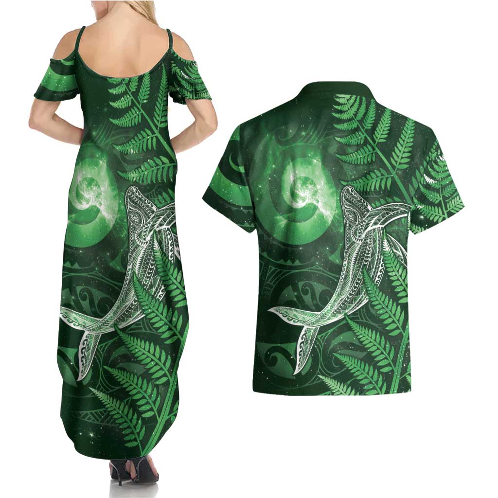 New Zealand Matariki Couples Matching Summer Maxi Dress and Hawaiian Shirt Maori Koru With Humpback Whale Green
