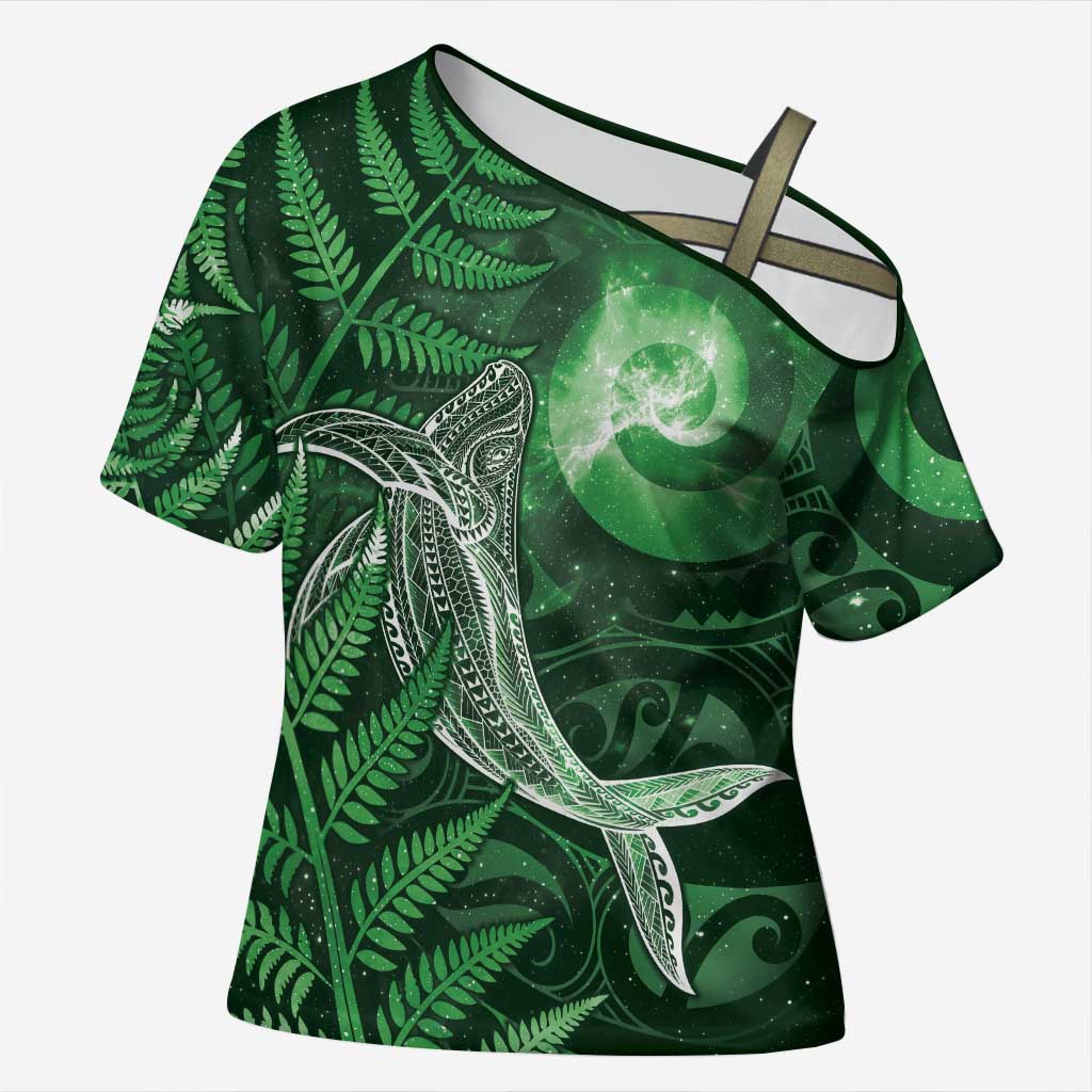 New Zealand Matariki Cross Shoulder Shirt Maori Koru With Humpback Whale Green LT05 Female Green - Polynesian Pride