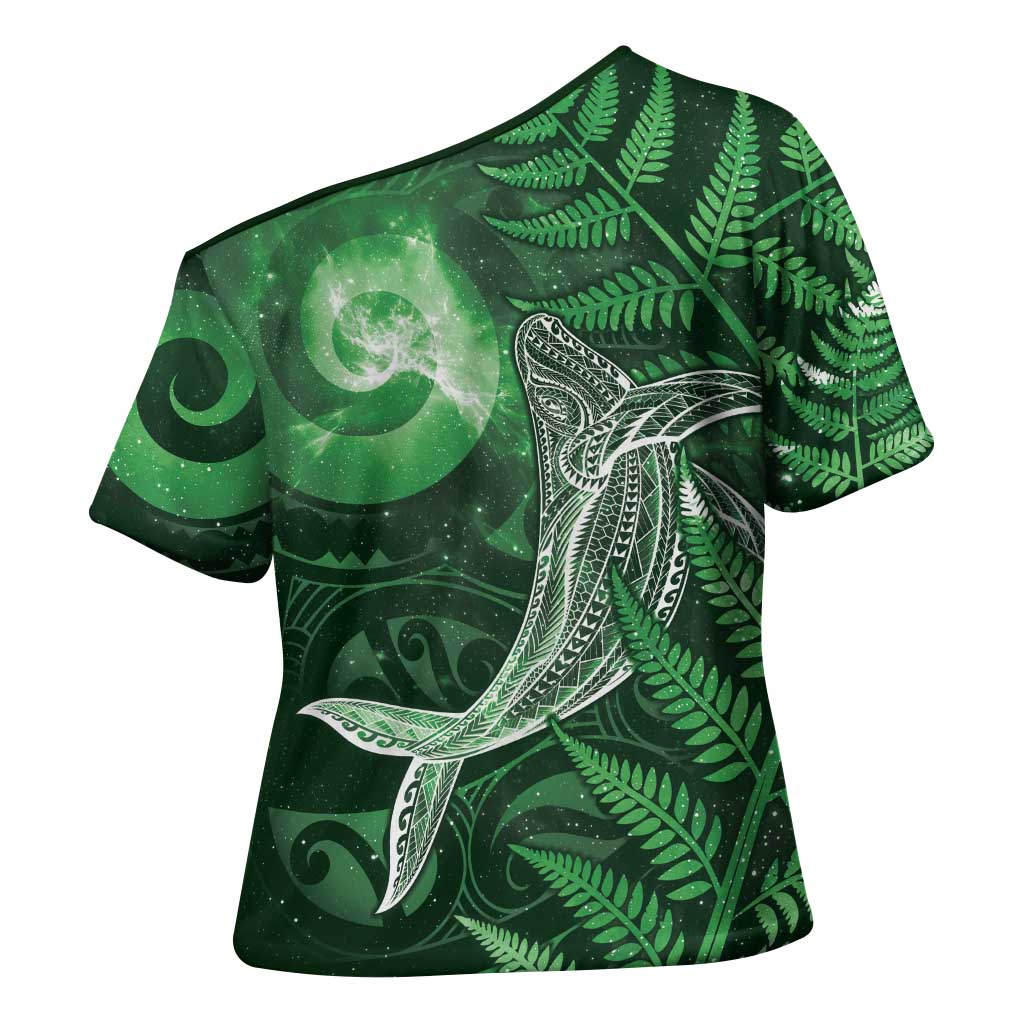 New Zealand Matariki Cross Shoulder Shirt Maori Koru With Humpback Whale Green LT05 - Polynesian Pride