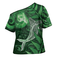 New Zealand Matariki Cross Shoulder Shirt Maori Koru With Humpback Whale Green LT05 - Polynesian Pride