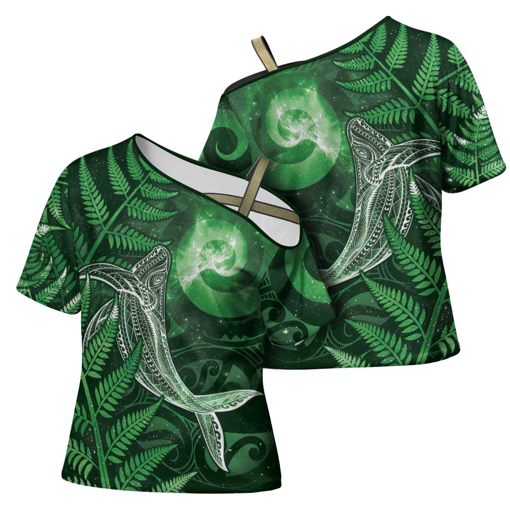 New Zealand Matariki Cross Shoulder Shirt Maori Koru With Humpback Whale Green LT05 - Polynesian Pride