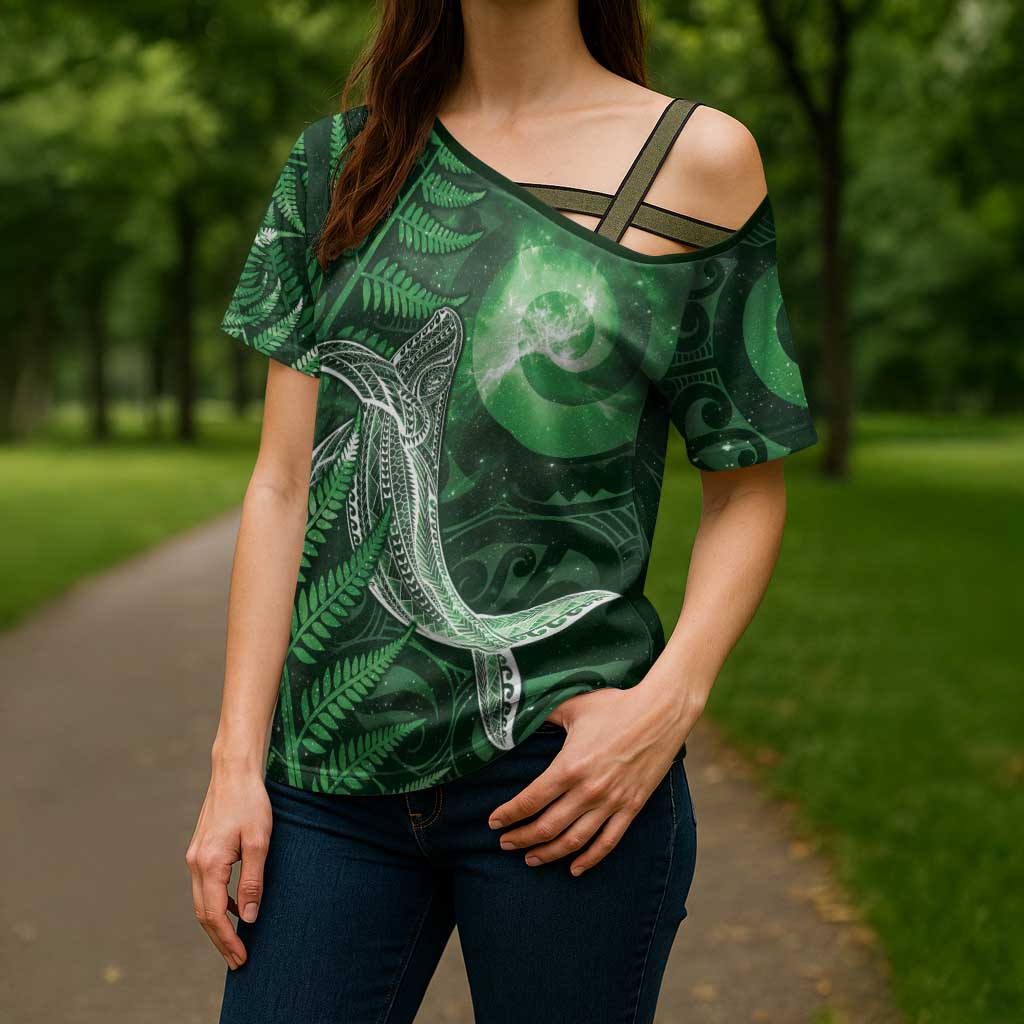 New Zealand Matariki Cross Shoulder Shirt Maori Koru With Humpback Whale Green LT05 - Polynesian Pride