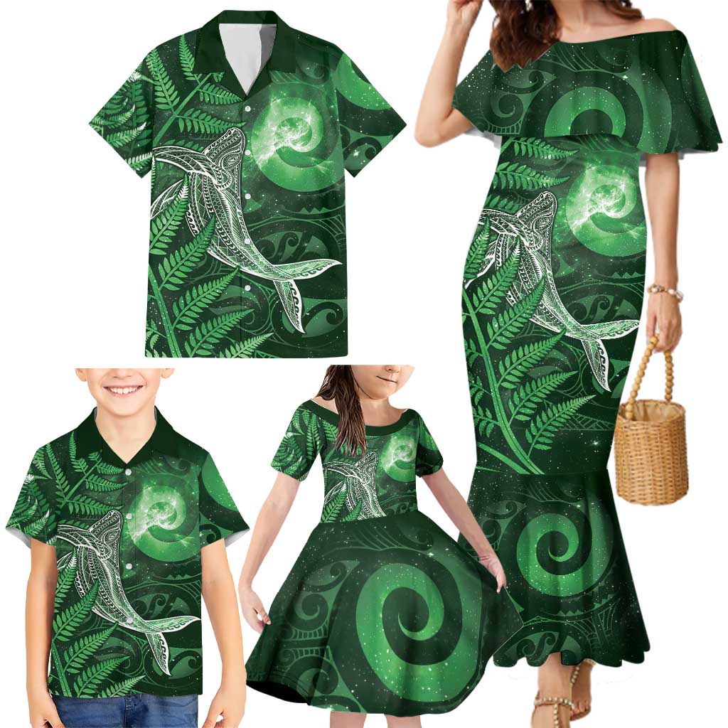 New Zealand Matariki Family Matching Mermaid Dress and Hawaiian Shirt Maori Koru With Humpback Whale Green
