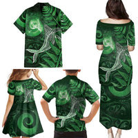 New Zealand Matariki Family Matching Puletasi and Hawaiian Shirt Maori Koru With Humpback Whale Green