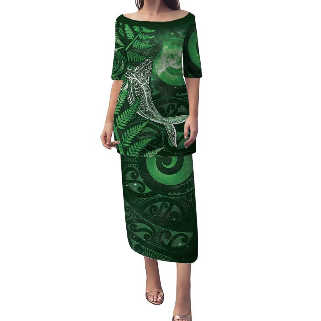 New Zealand Matariki Family Matching Puletasi and Hawaiian Shirt Maori Koru With Humpback Whale Green