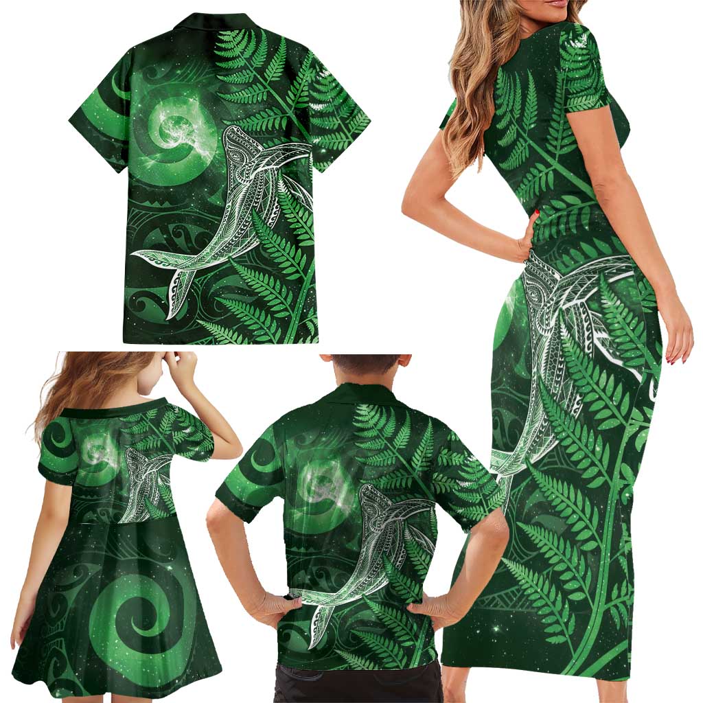 New Zealand Matariki Family Matching Short Sleeve Bodycon Dress and Hawaiian Shirt Maori Koru With Humpback Whale Green