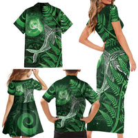 New Zealand Matariki Family Matching Short Sleeve Bodycon Dress and Hawaiian Shirt Maori Koru With Humpback Whale Green
