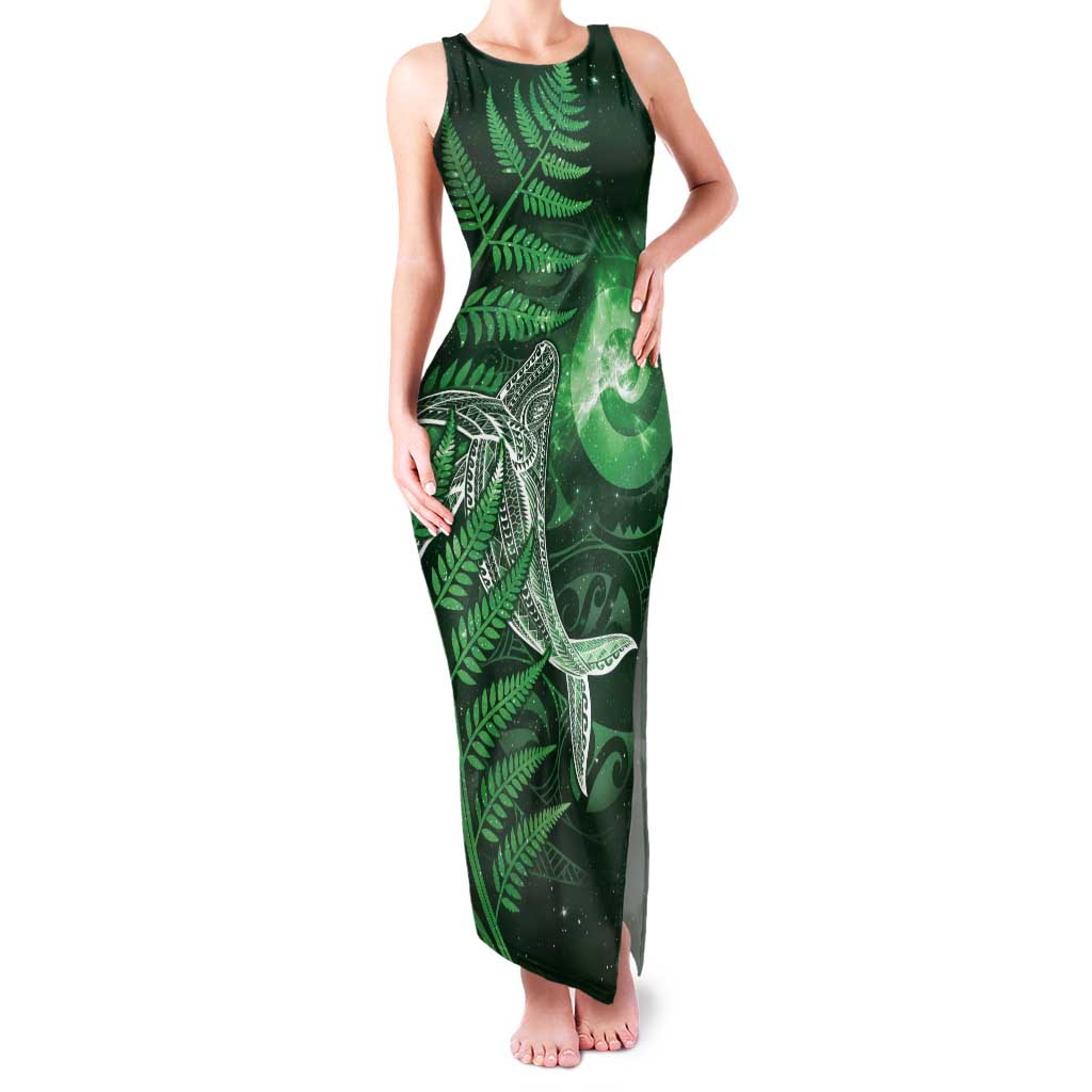 New Zealand Matariki Family Matching Tank Maxi Dress and Hawaiian Shirt Maori Koru With Humpback Whale Green