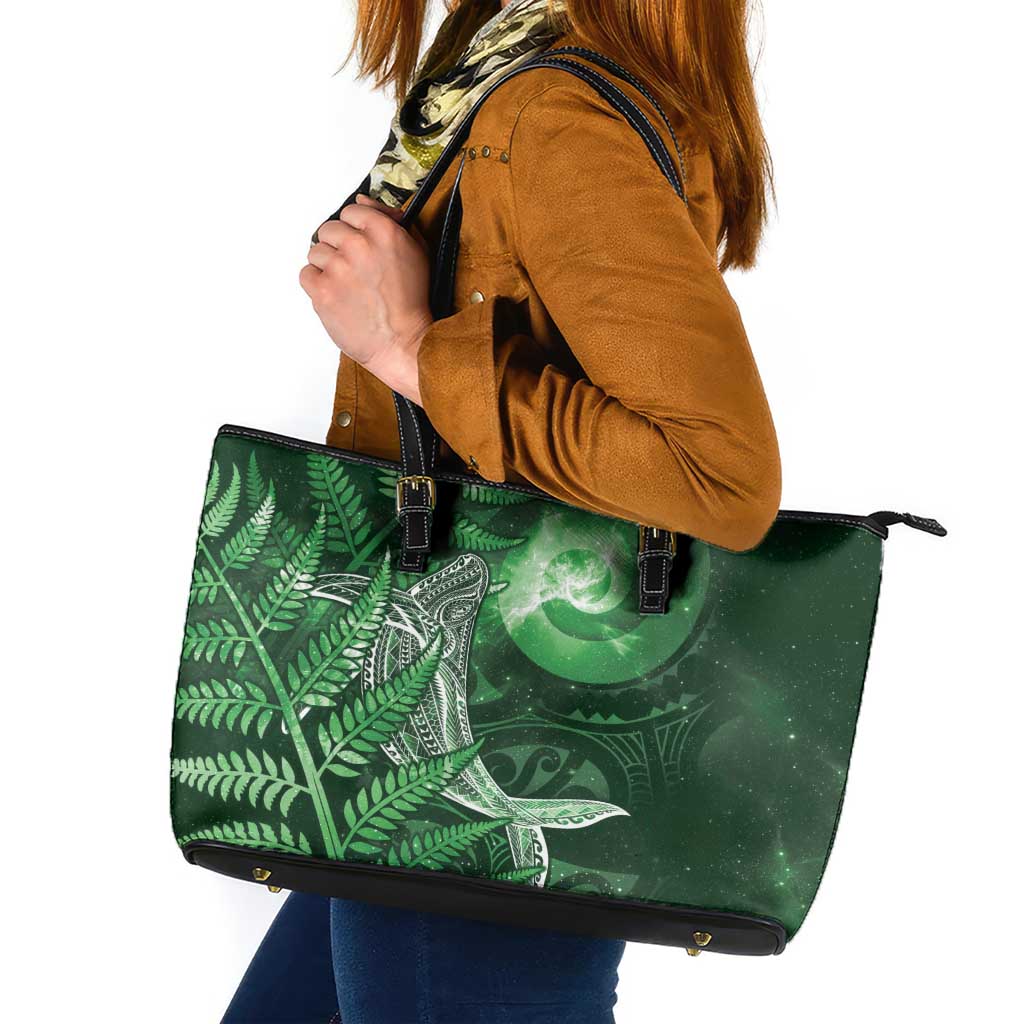 New Zealand Matariki Leather Tote Bag Maori Koru With Humpback Whale Green