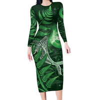 New Zealand Matariki Long Sleeve Bodycon Dress Maori Koru With Humpback Whale Green