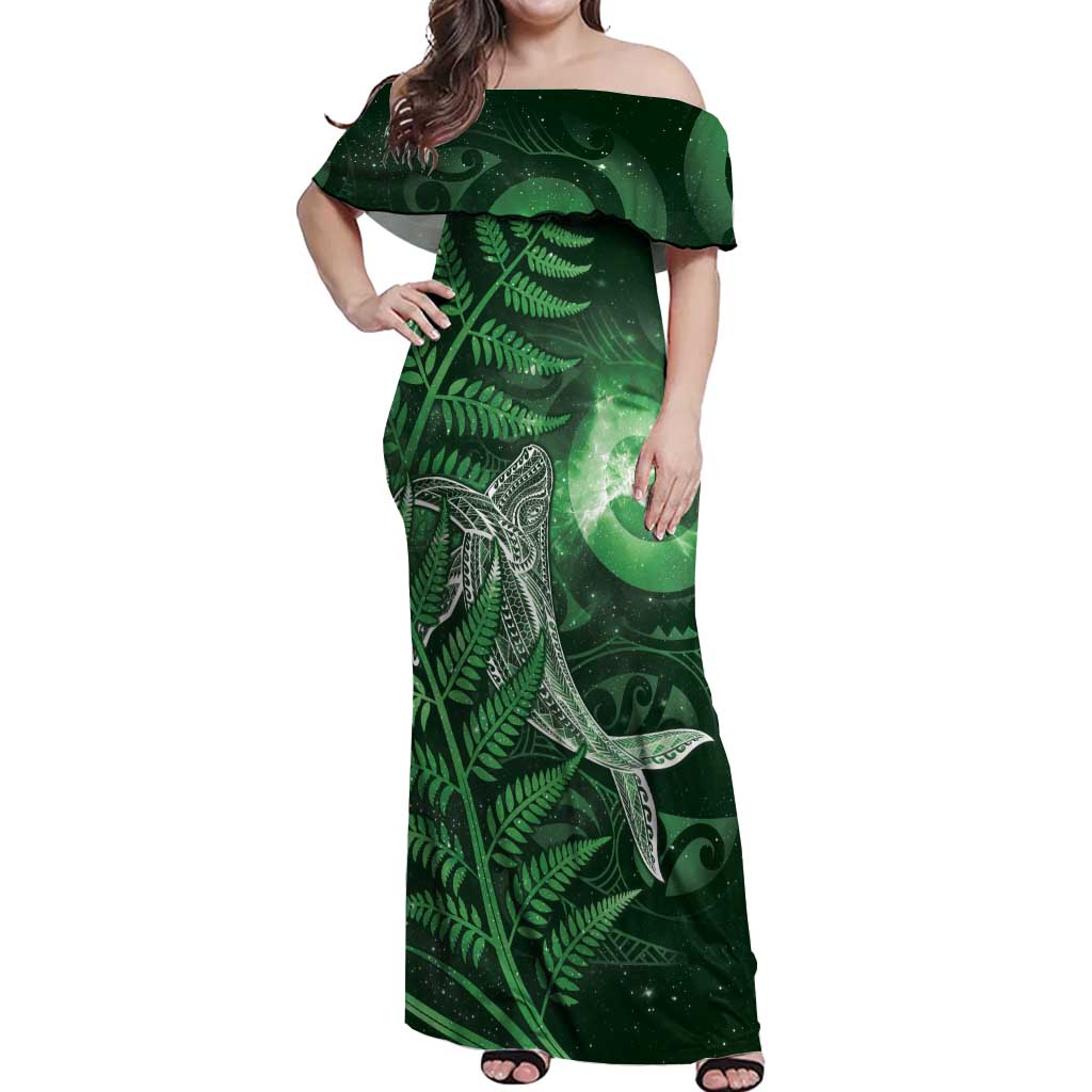New Zealand Matariki Off Shoulder Maxi Dress Maori Koru With Humpback Whale Green