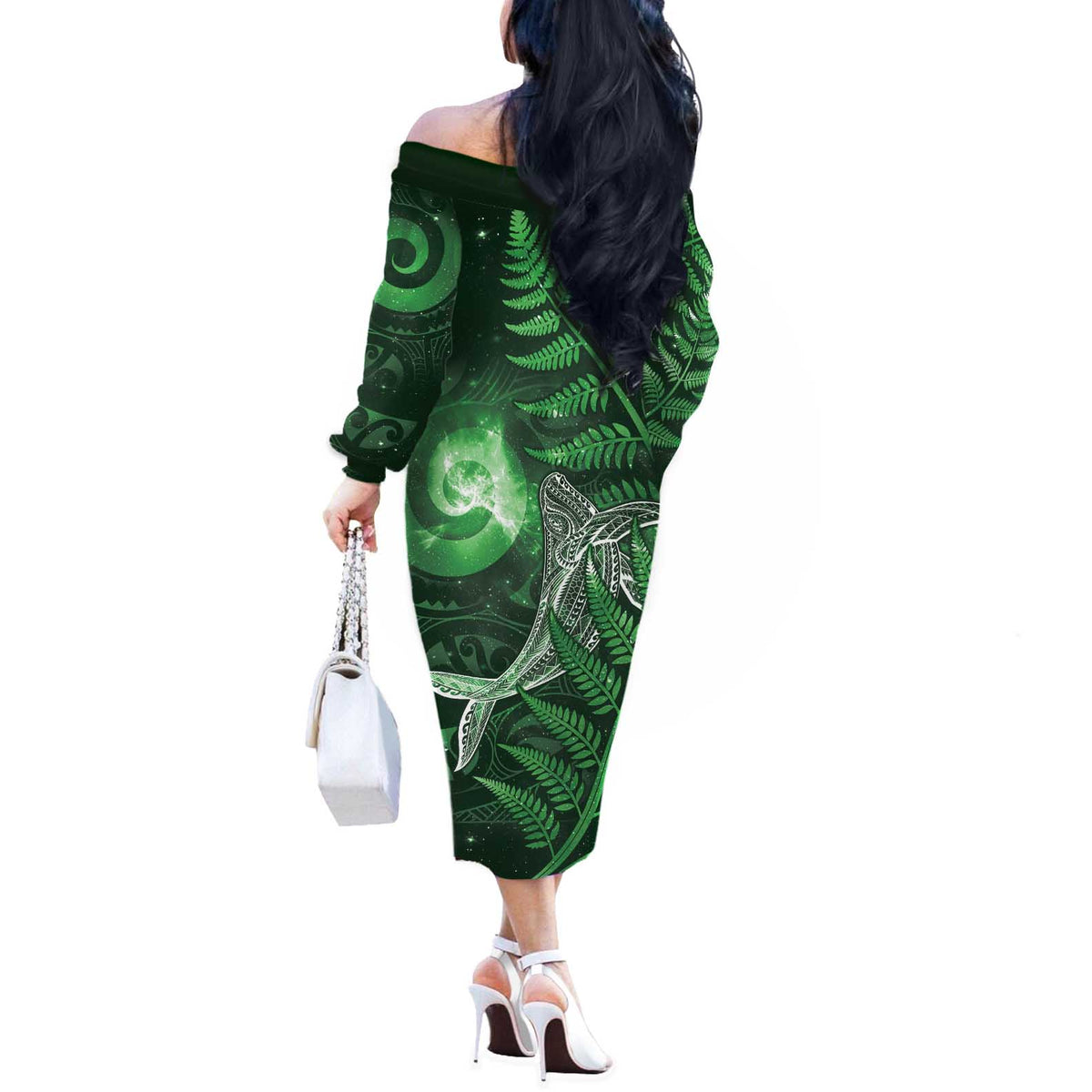 New Zealand Matariki Off The Shoulder Long Sleeve Dress Maori Koru With Humpback Whale Green