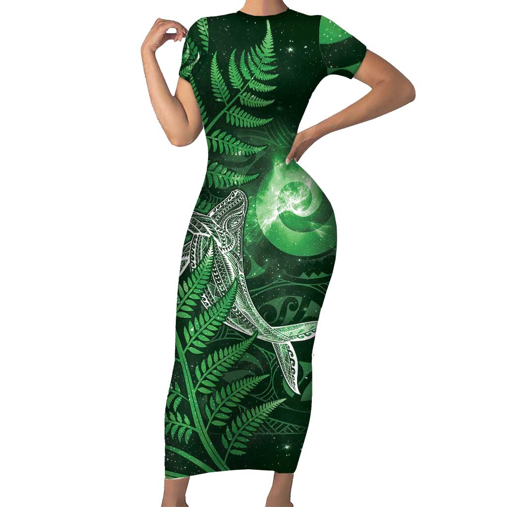 New Zealand Matariki Short Sleeve Bodycon Dress Maori Koru With Humpback Whale Green LT05 Long Dress Green - Polynesian Pride