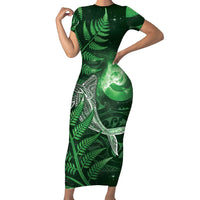 New Zealand Matariki Short Sleeve Bodycon Dress Maori Koru With Humpback Whale Green LT05 Long Dress Green - Polynesian Pride