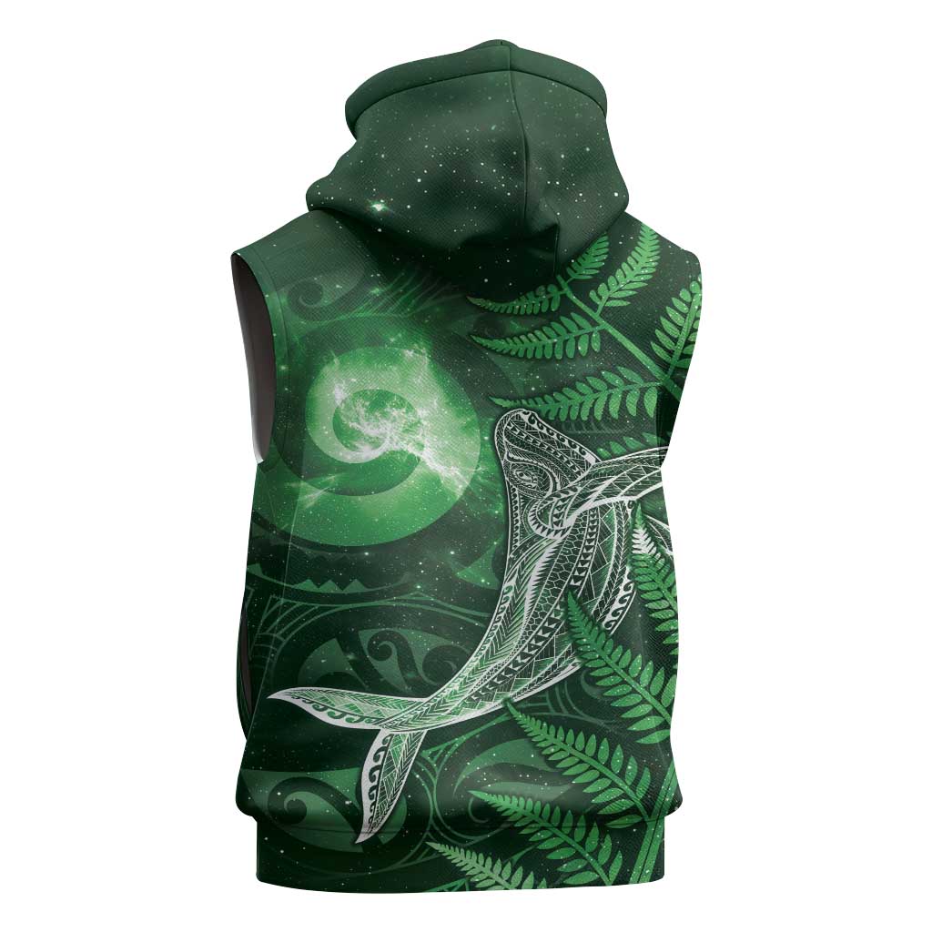 New Zealand Matariki Sleeveless Zip Hoodie Maori Koru With Humpback Whale Green