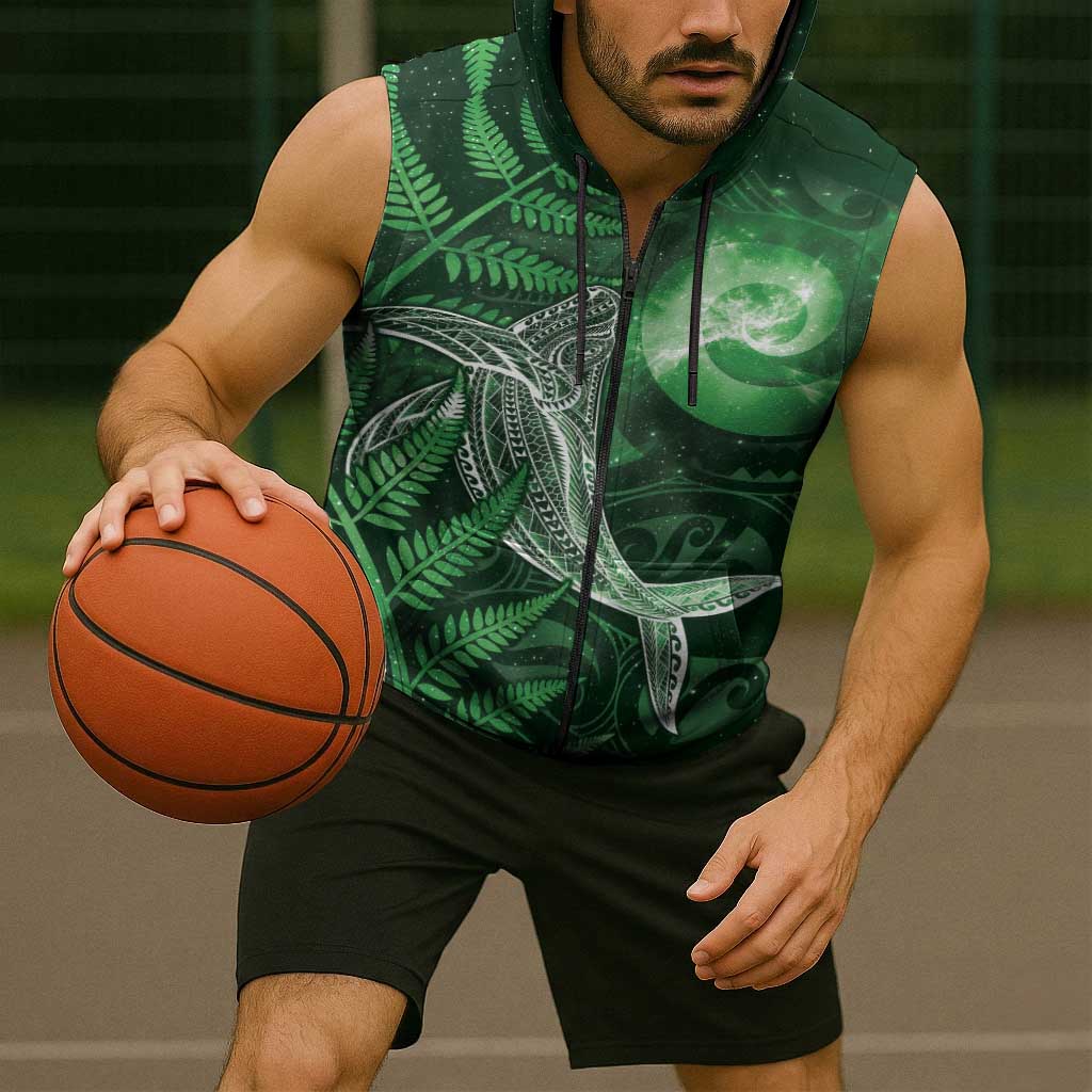 New Zealand Matariki Sleeveless Zip Hoodie Maori Koru With Humpback Whale Green