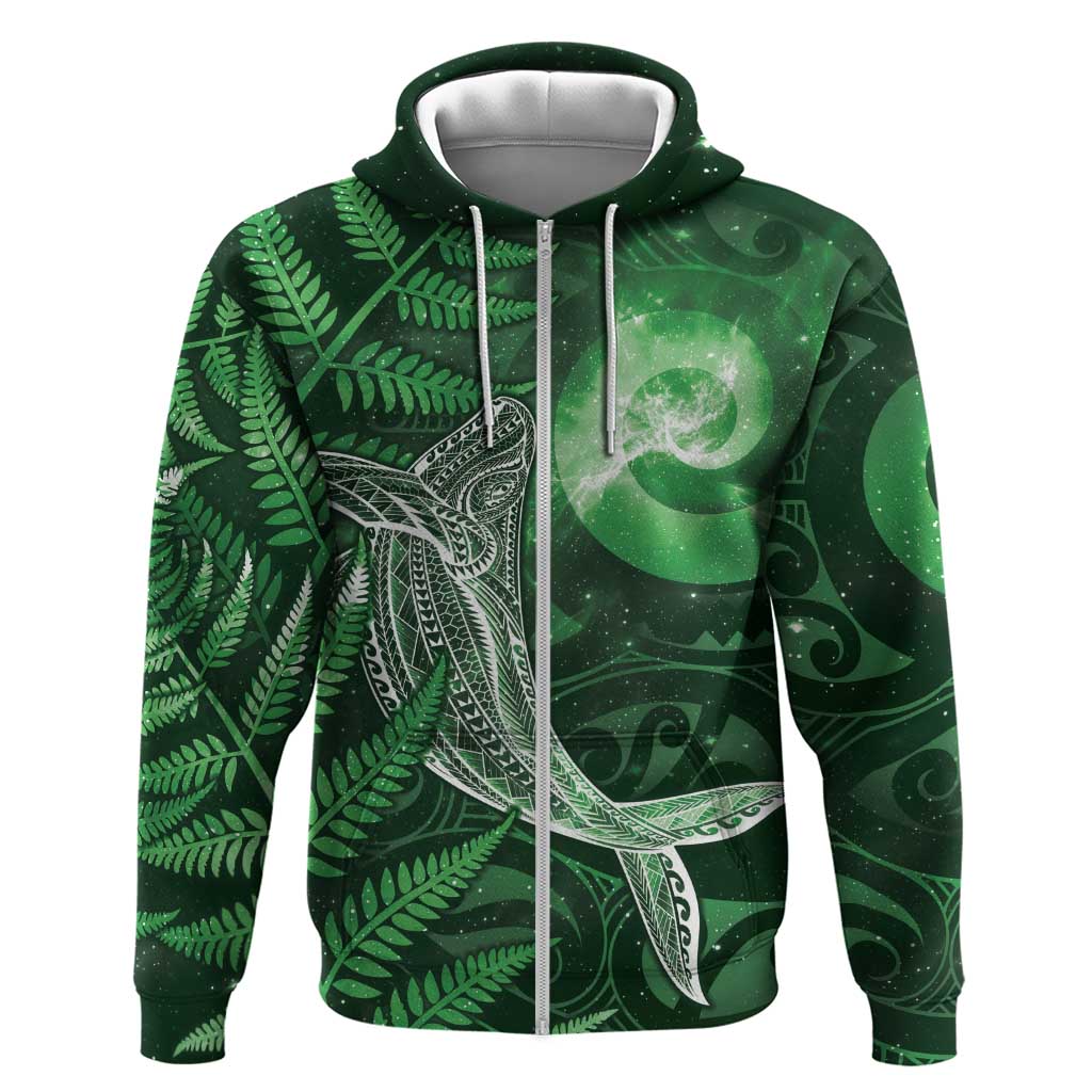 New Zealand Matariki Zip Hoodie Maori Koru With Humpback Whale Green LT05 Zip Hoodie Green - Polynesian Pride