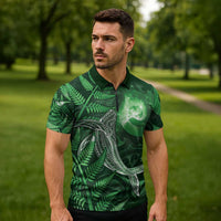 New Zealand Matariki Zipper Polo Shirt Maori Koru With Humpback Whale Green