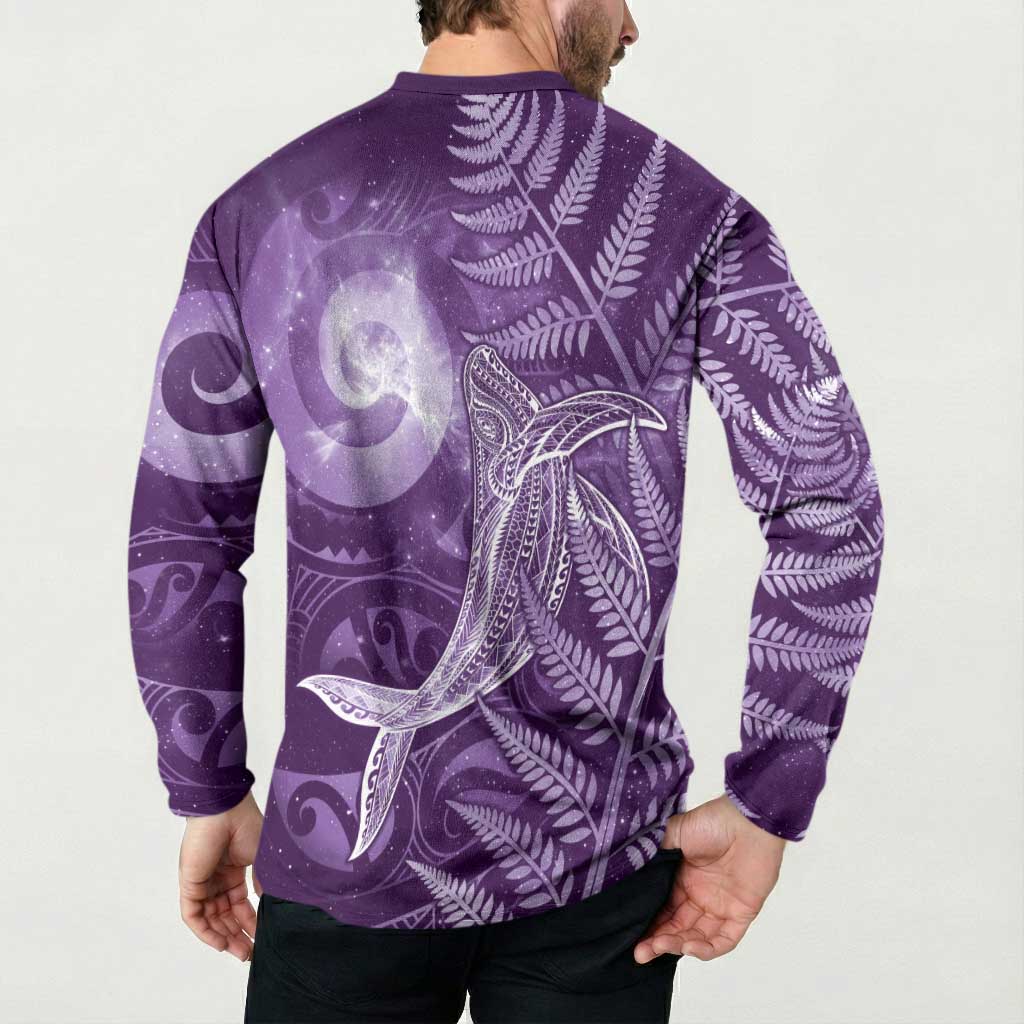 New Zealand Matariki Button Sweatshirt Maori Koru With Humpback Whale Purple LT05 - Polynesian Pride