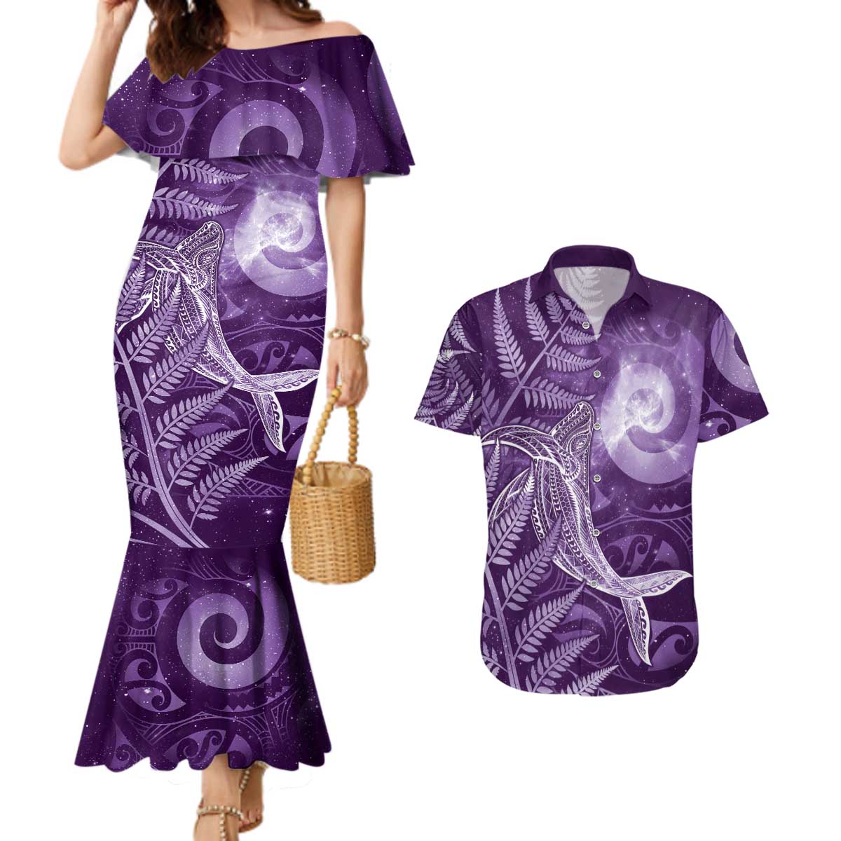 New Zealand Matariki Couples Matching Mermaid Dress and Hawaiian Shirt Maori Koru With Humpback Whale Purple