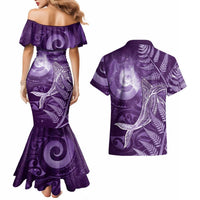 New Zealand Matariki Couples Matching Mermaid Dress and Hawaiian Shirt Maori Koru With Humpback Whale Purple