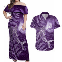 New Zealand Matariki Couples Matching Off Shoulder Maxi Dress and Hawaiian Shirt Maori Koru With Humpback Whale Purple