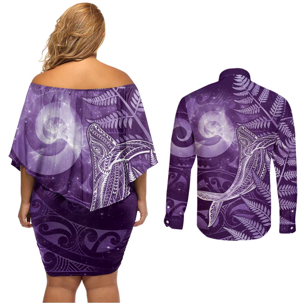New Zealand Matariki Couples Matching Off Shoulder Short Dress and Long Sleeve Button Shirt Maori Koru With Humpback Whale Purple