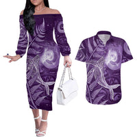 New Zealand Matariki Couples Matching Off The Shoulder Long Sleeve Dress and Hawaiian Shirt Maori Koru With Humpback Whale Purple