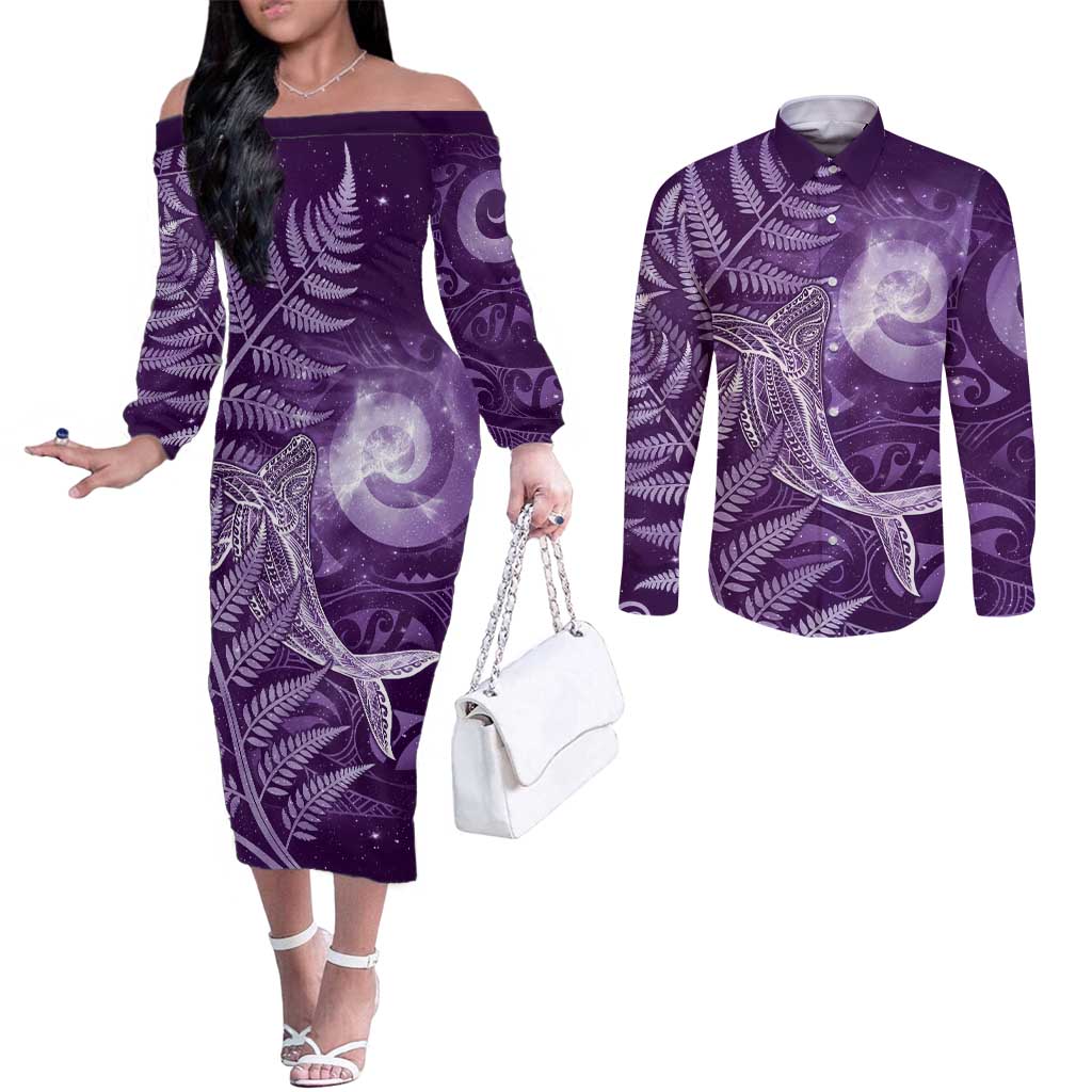 New Zealand Matariki Couples Matching Off The Shoulder Long Sleeve Dress and Long Sleeve Button Shirt Maori Koru With Humpback Whale Purple
