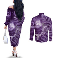 New Zealand Matariki Couples Matching Off The Shoulder Long Sleeve Dress and Long Sleeve Button Shirt Maori Koru With Humpback Whale Purple
