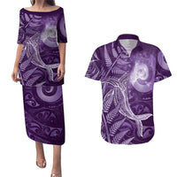 New Zealand Matariki Couples Matching Puletasi and Hawaiian Shirt Maori Koru With Humpback Whale Purple