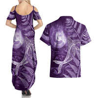New Zealand Matariki Couples Matching Summer Maxi Dress and Hawaiian Shirt Maori Koru With Humpback Whale Purple