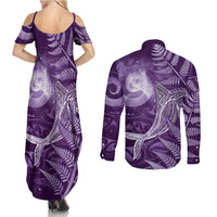 New Zealand Matariki Couples Matching Summer Maxi Dress and Long Sleeve Button Shirt Maori Koru With Humpback Whale Purple