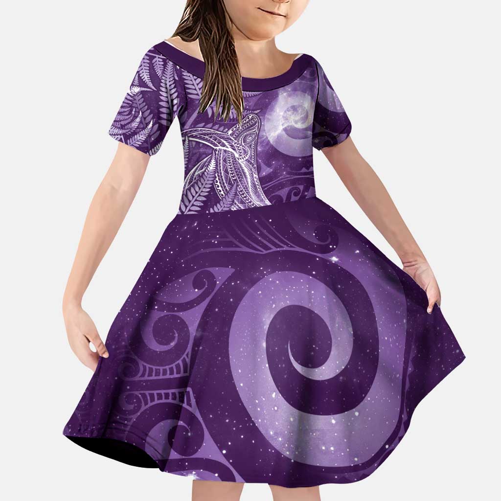 New Zealand Matariki Family Matching Long Sleeve Bodycon Dress and Hawaiian Shirt Maori Koru With Humpback Whale Purple LT05 Daughter's Dress Purple - Polynesian Pride