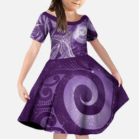New Zealand Matariki Family Matching Long Sleeve Bodycon Dress and Hawaiian Shirt Maori Koru With Humpback Whale Purple LT05 Daughter's Dress Purple - Polynesian Pride