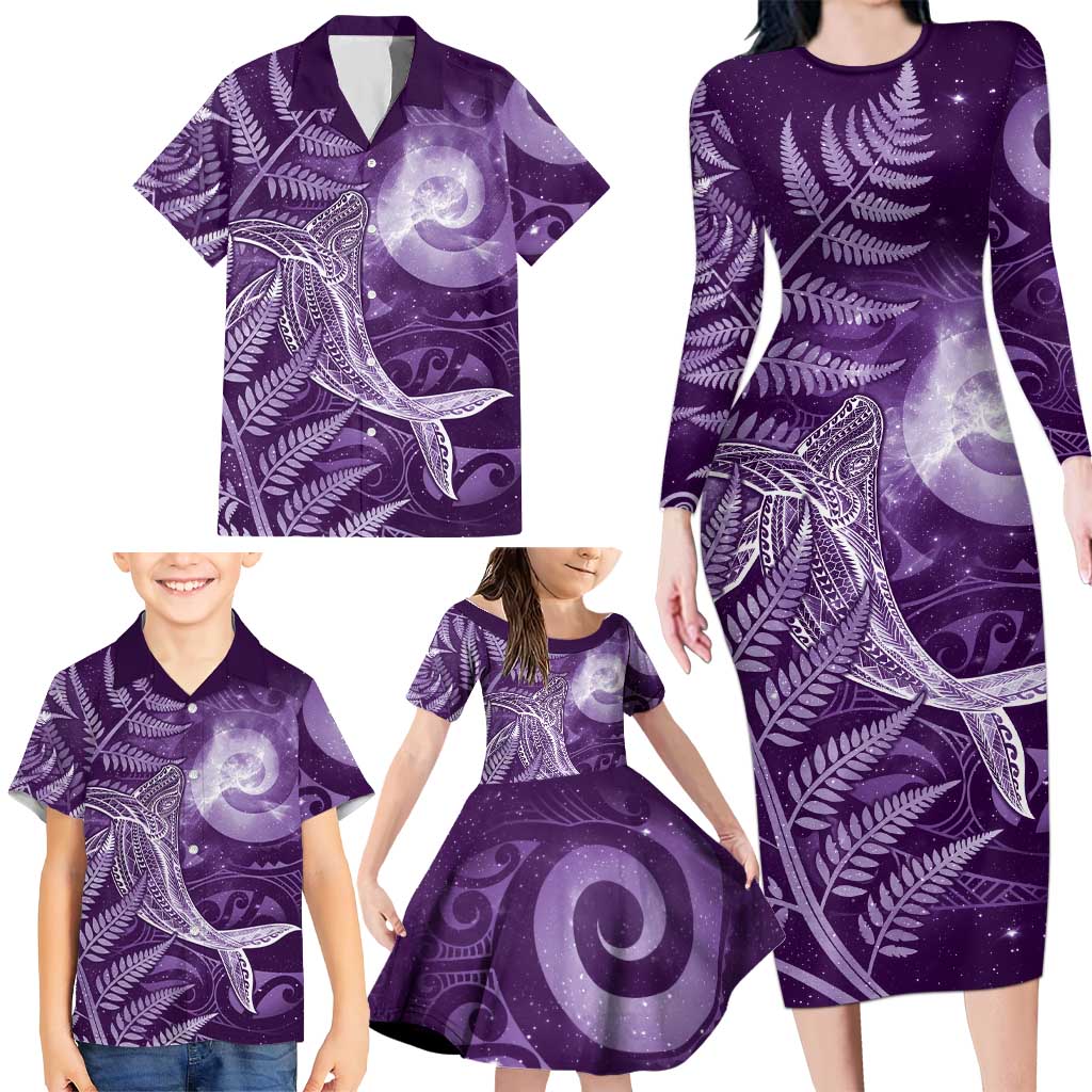 New Zealand Matariki Family Matching Long Sleeve Bodycon Dress and Hawaiian Shirt Maori Koru With Humpback Whale Purple LT05 - Polynesian Pride