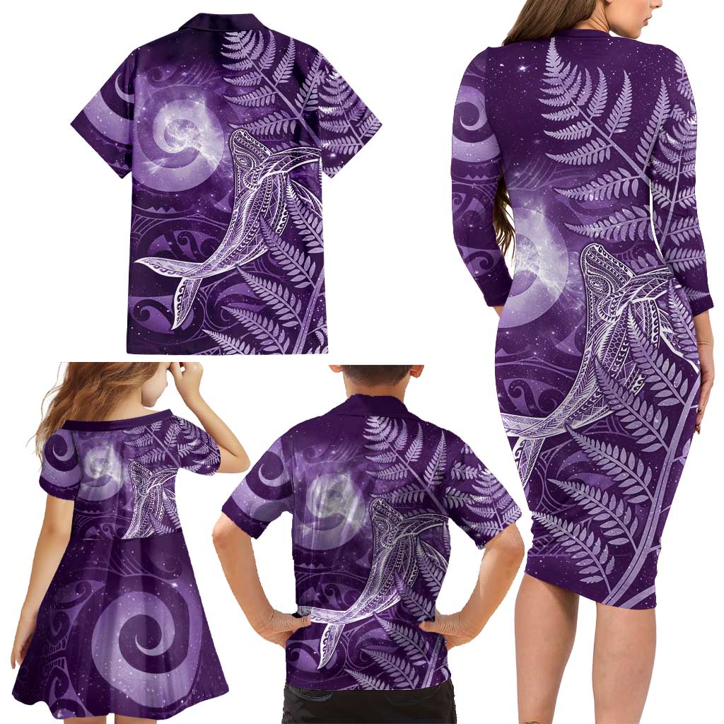 New Zealand Matariki Family Matching Long Sleeve Bodycon Dress and Hawaiian Shirt Maori Koru With Humpback Whale Purple LT05 - Polynesian Pride