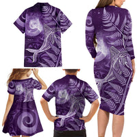 New Zealand Matariki Family Matching Long Sleeve Bodycon Dress and Hawaiian Shirt Maori Koru With Humpback Whale Purple LT05 - Polynesian Pride