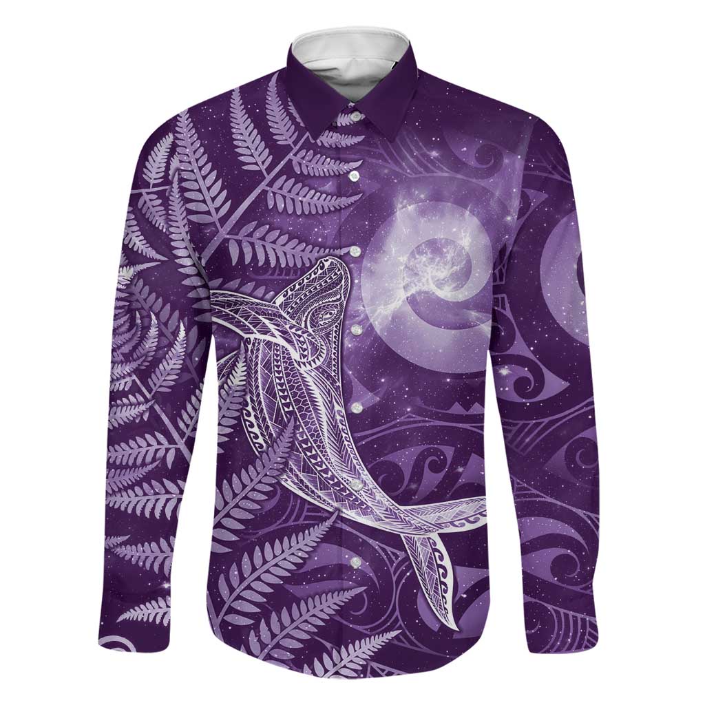New Zealand Matariki Family Matching Long Sleeve Bodycon Dress and Hawaiian Shirt Maori Koru With Humpback Whale Purple LT05 Dad's Shirt - Long Sleeve Purple - Polynesian Pride