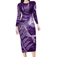 New Zealand Matariki Family Matching Long Sleeve Bodycon Dress and Hawaiian Shirt Maori Koru With Humpback Whale Purple LT05 Mom's Dress Purple - Polynesian Pride