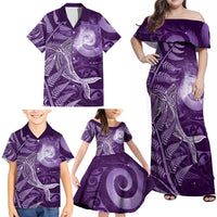 New Zealand Matariki Family Matching Off Shoulder Maxi Dress and Hawaiian Shirt Maori Koru With Humpback Whale Purple