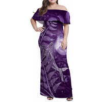 New Zealand Matariki Family Matching Off Shoulder Maxi Dress and Hawaiian Shirt Maori Koru With Humpback Whale Purple