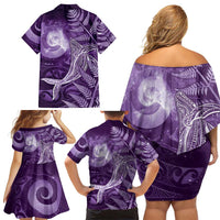 New Zealand Matariki Family Matching Off Shoulder Short Dress and Hawaiian Shirt Maori Koru With Humpback Whale Purple