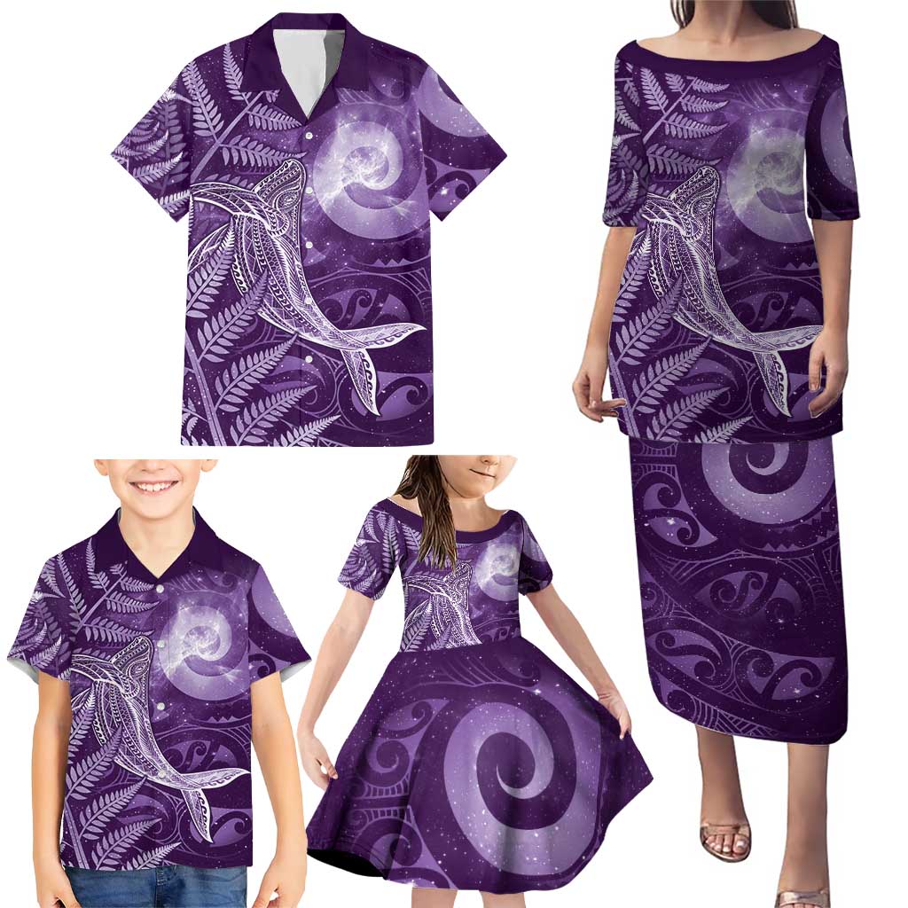 New Zealand Matariki Family Matching Puletasi and Hawaiian Shirt Maori Koru With Humpback Whale Purple