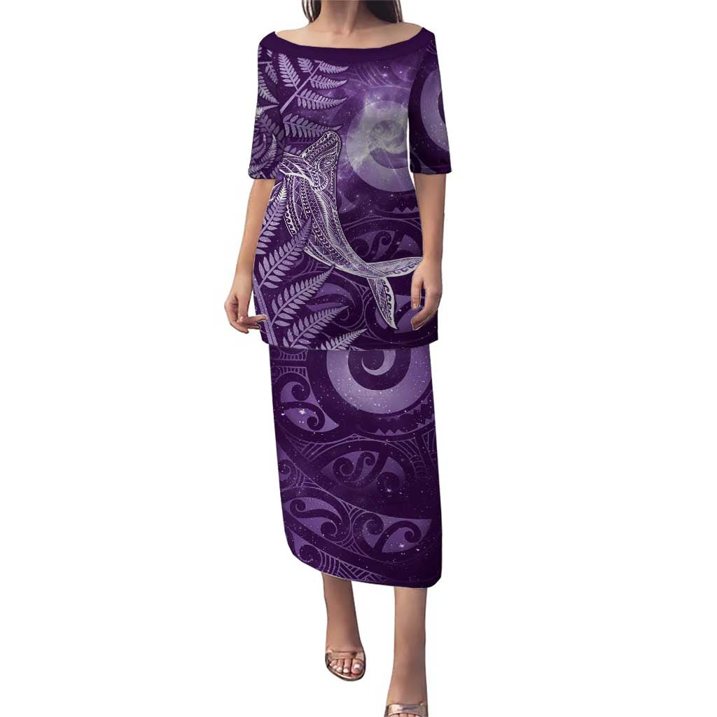 New Zealand Matariki Family Matching Puletasi and Hawaiian Shirt Maori Koru With Humpback Whale Purple