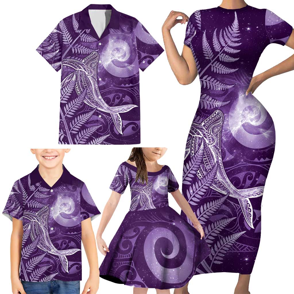 New Zealand Matariki Family Matching Short Sleeve Bodycon Dress and Hawaiian Shirt Maori Koru With Humpback Whale Purple