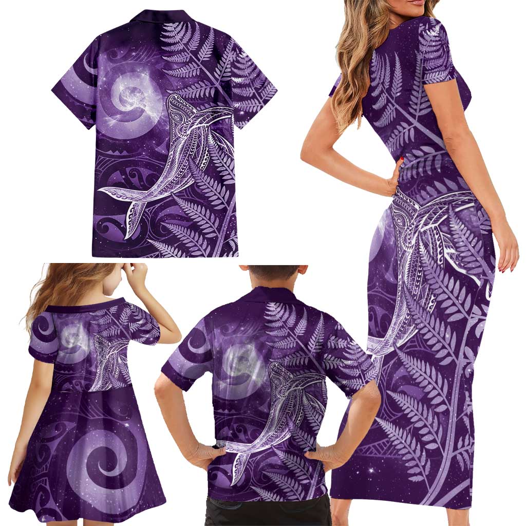 New Zealand Matariki Family Matching Short Sleeve Bodycon Dress and Hawaiian Shirt Maori Koru With Humpback Whale Purple